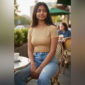 Open Edit Tan Stretch Short Sleeve Top XS